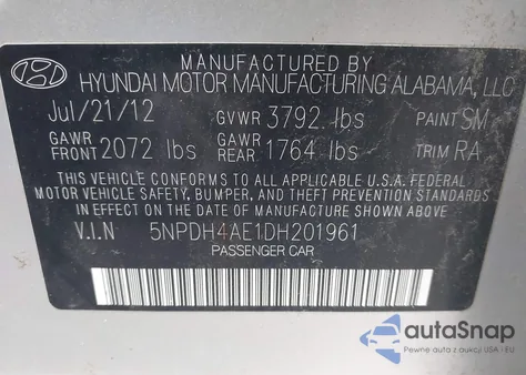 2013 Hyundai Elantra Limited from USA, damaged, VIN 5NPDH4AE1DH201961